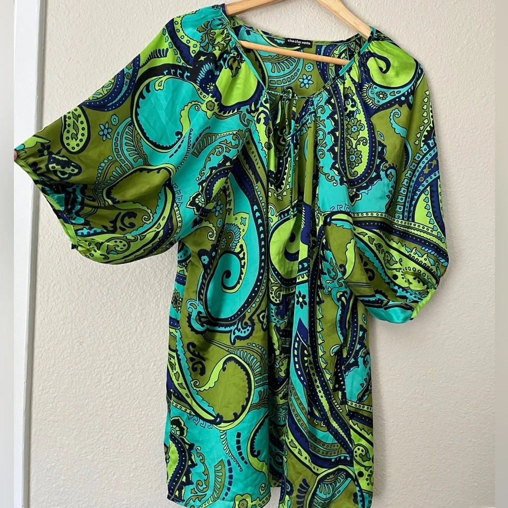 Cha Cha Vente Paisley Puff Sleeve Tunic Top Blouse Womens Size 1X Colorful - Picture 2 of 6